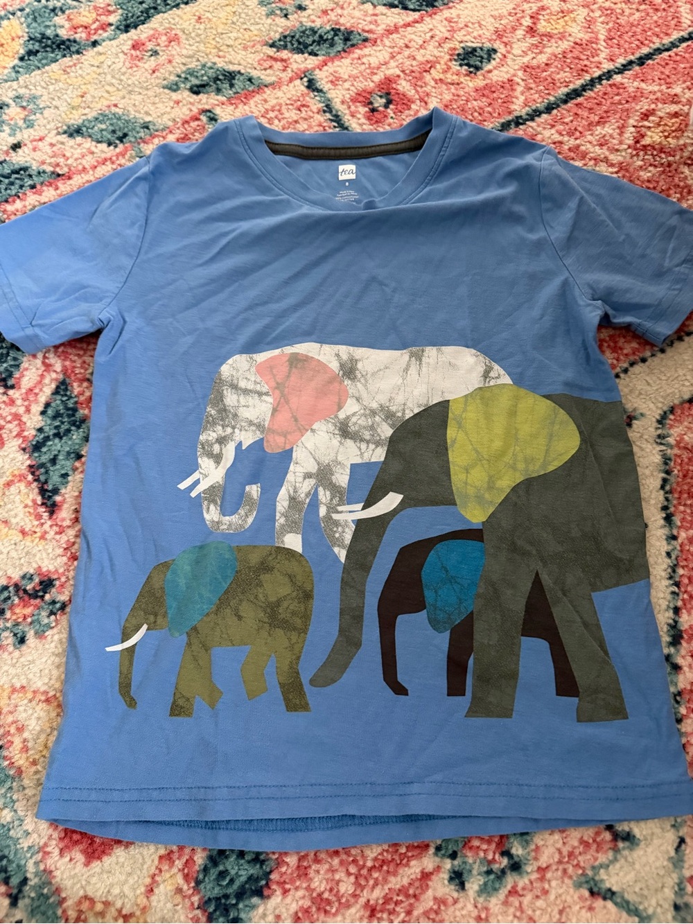 Tea Collection Blue Tee with Colorful Elephant Family Graphic